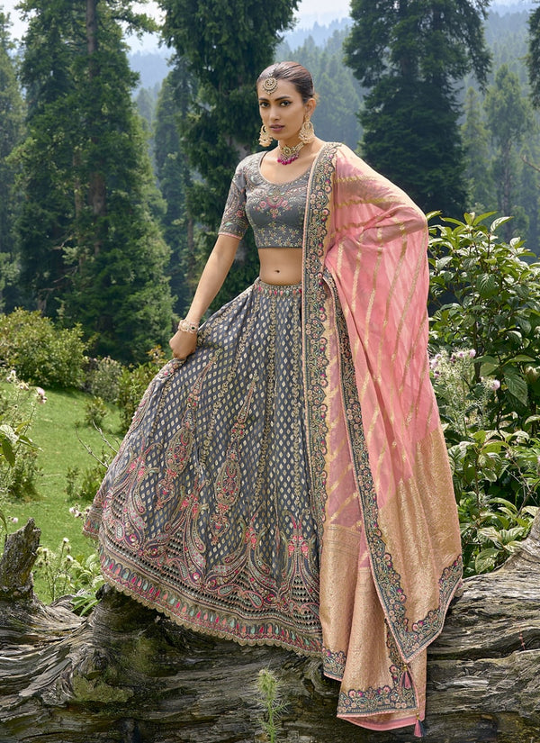 lassya Fashion Dark Grey Exquisite Embroidered Lehenga Choli Set in Fancy Silk