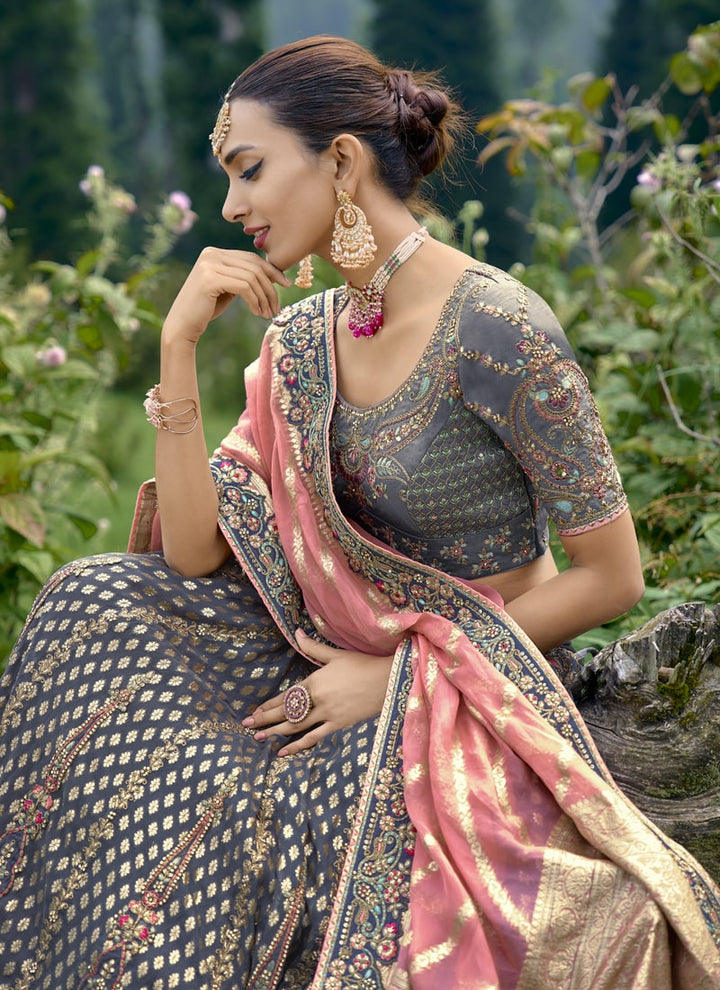 lassya Fashion Dark Grey Exquisite Embroidered Lehenga Choli Set in Fancy Silk