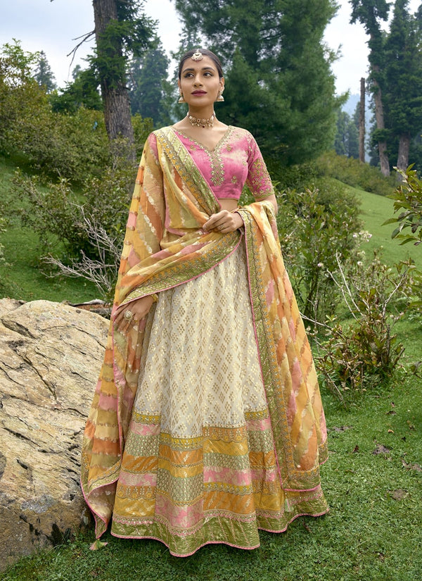 lassya Fashion Pink And Cream Enchanting Embroidered Lehenga Choli in Fancy Silk