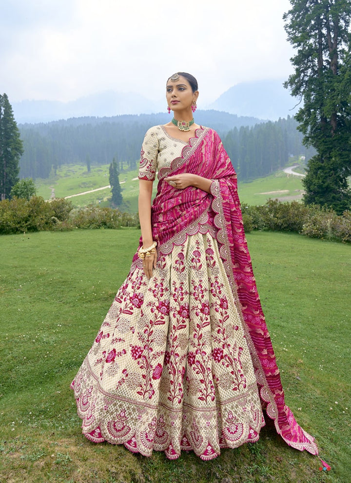 lassya Fashion Cream And Magenta Pink Enchanting Embroidered Lehenga Choli in Fancy Silk