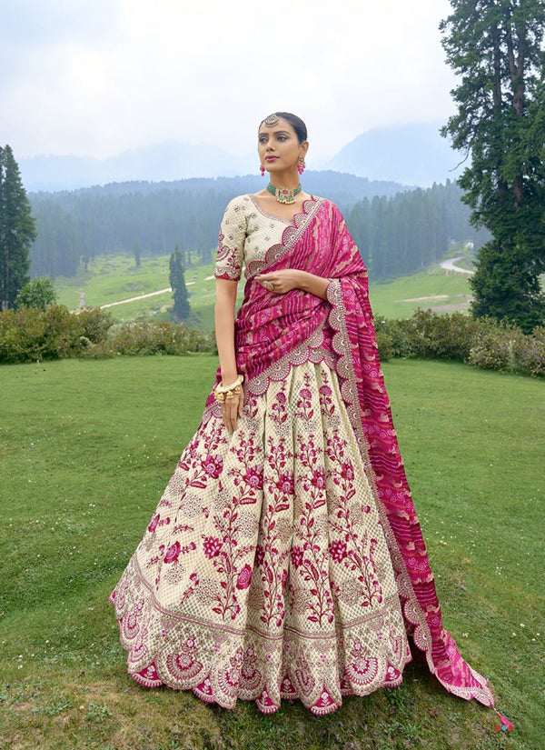 lassya Fashion Cream And Magenta Pink Enchanting Embroidered Lehenga Choli in Fancy Silk