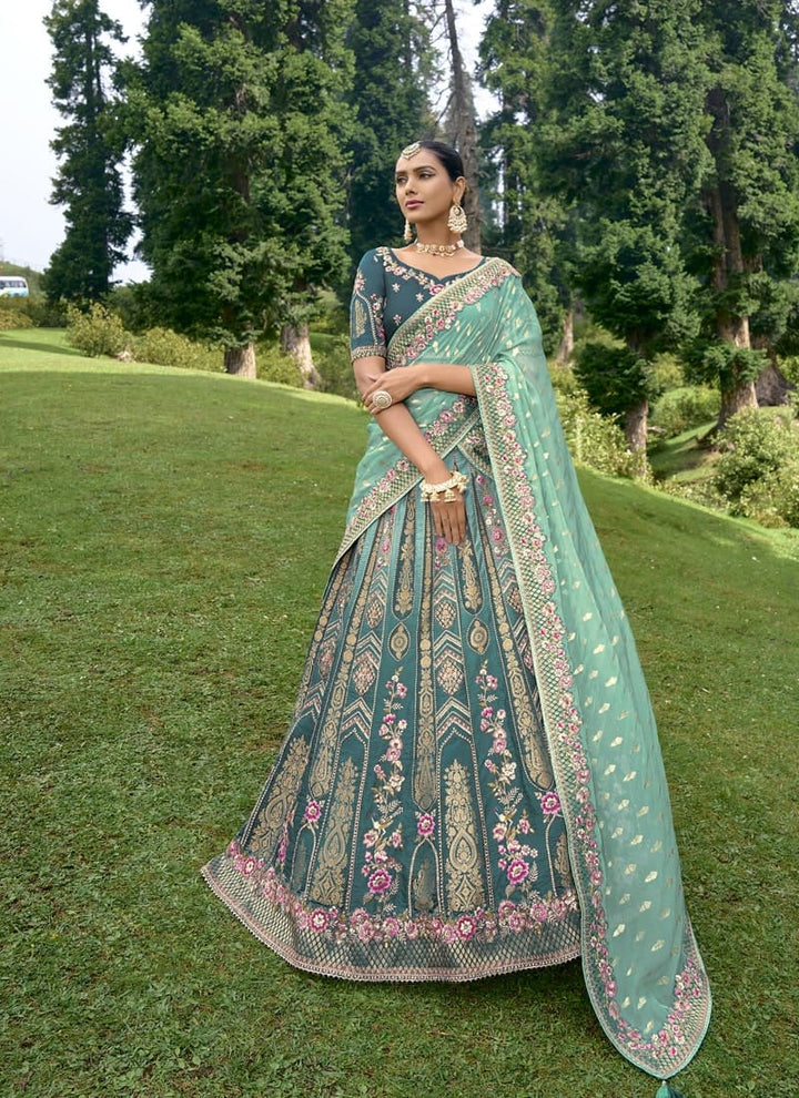 lassya Fashion Pine Green Enchanting Embroidered Lehenga Choli in Fancy Silk