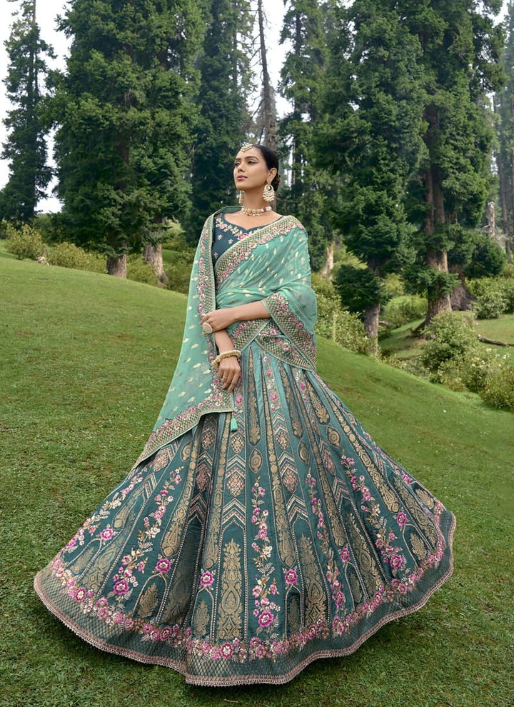 lassya Fashion Pine Green Enchanting Embroidered Lehenga Choli in Fancy Silk