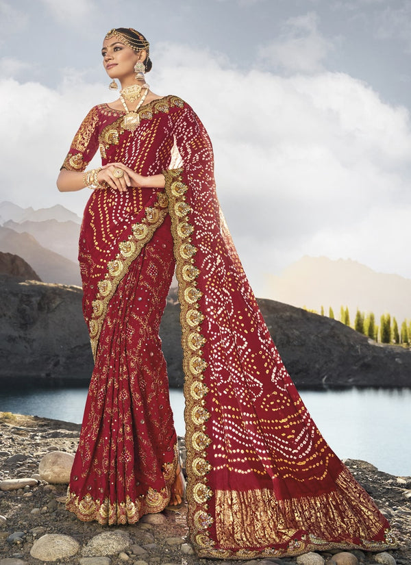 Lassya Fashion Maroon Exquisite Bridal Saree Adorned with Original Mirror Moti And Cut-Dana Work