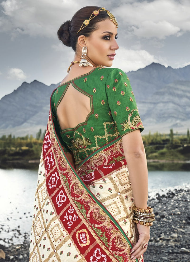 Lassya Fashion Cream Elegant Bridal Mirror Moti And Cut-Dana Adorned Saree