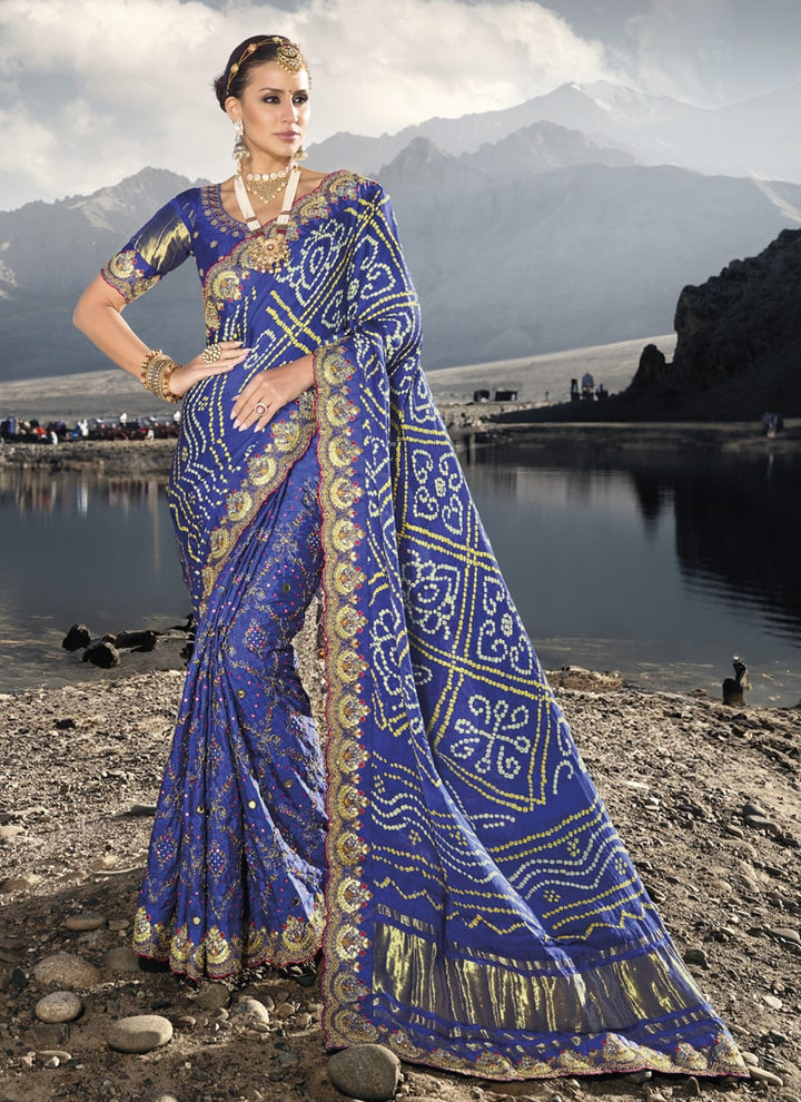 Lassya Fashion Royal Blue Exquisite Bridal Saree Adorned with Original Mirror Moti And Cut-Dana Work