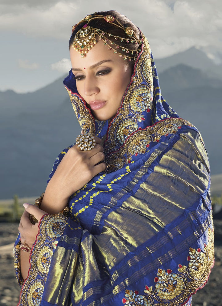 Lassya Fashion Royal Blue Exquisite Bridal Saree Adorned with Original Mirror Moti And Cut-Dana Work