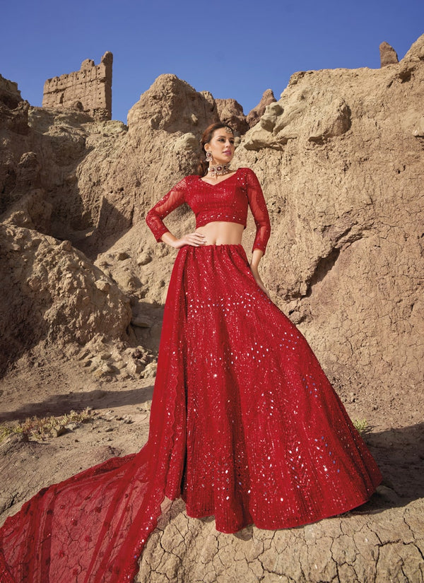 Lassya Fashion Red Exquisite Cutwork and Mirror Work Lehenga Choli Set