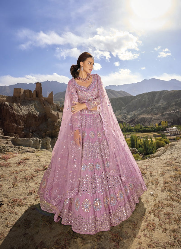 Lassya Fashion Pink Elegant Pure Organza Lehenga Choli with Mirror and Zarkan Embellishments