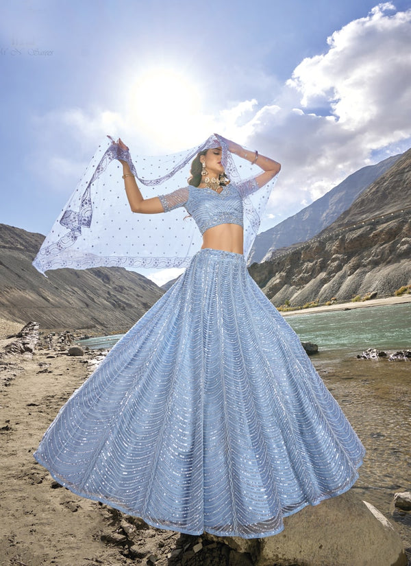 Lassya Fashion Sky Blue Regal Pure Net Lehenga Choli with Mirror And Zarkan Embellishments