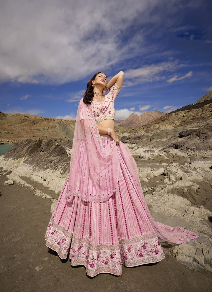 Lassya Fashion Pink Elegant Pure Georgette Lehenga Choli with Mirror And Zarkan Embellishments