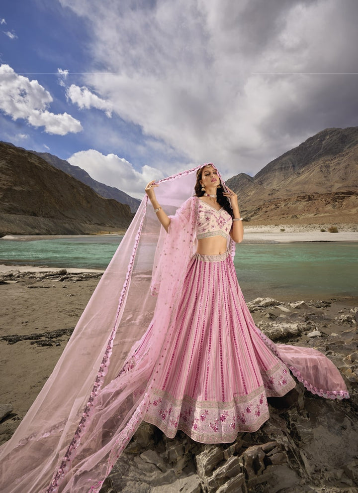 Lassya Fashion Pink Elegant Pure Georgette Lehenga Choli with Mirror And Zarkan Embellishments