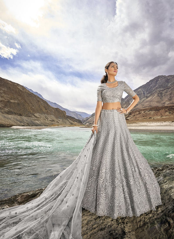 Lassya Fashion Grey Enchanting Pure Organza Lehenga Choli Set with Mirror and Zarkan Embellishments