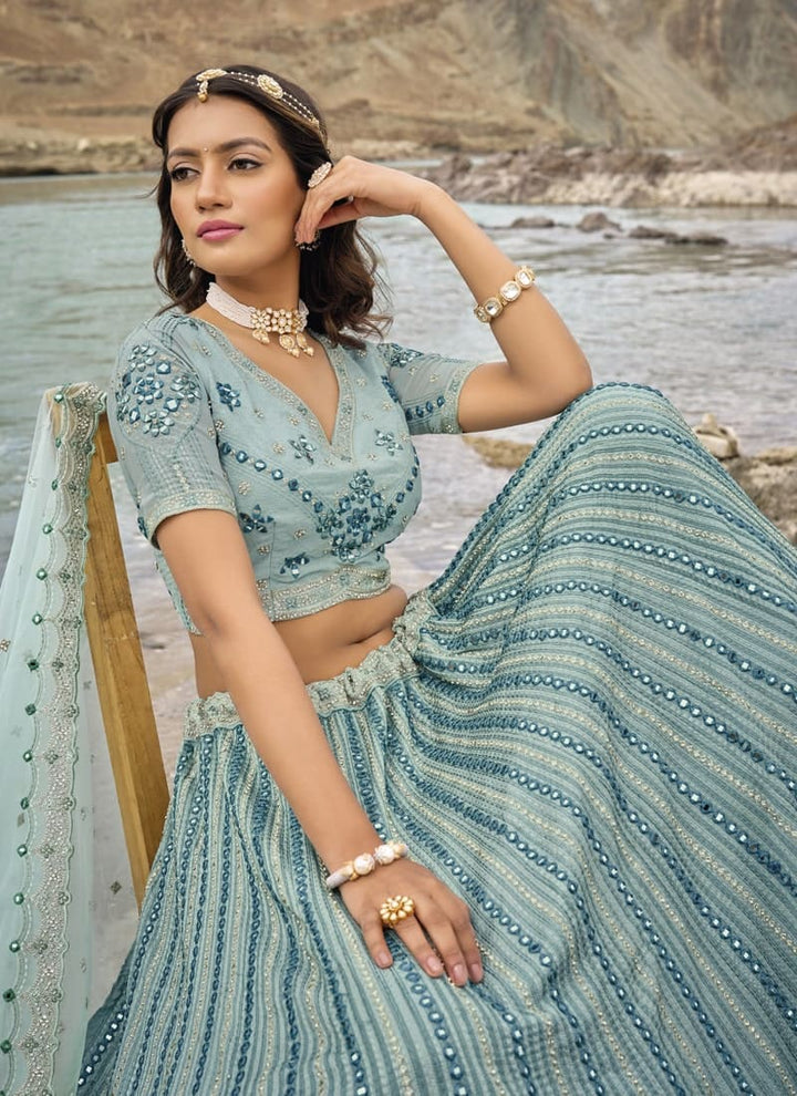 Lassya Fashion Sea Green Elegant Pure Georgette Lehenga Choli with Mirror And Zarkan Embellishments