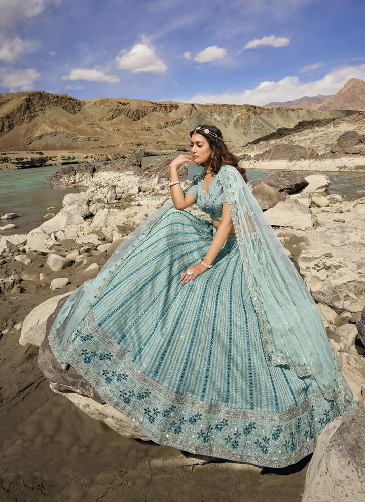 Lassya Fashion Sea Green Elegant Pure Georgette Lehenga Choli with Mirror And Zarkan Embellishments