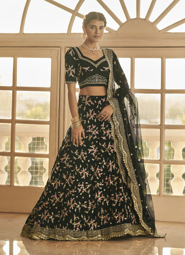 Lassya Fashion Midnight Black Exquisite Chinnon Lehenga Choli Set with Thread and Sequins Embroidery