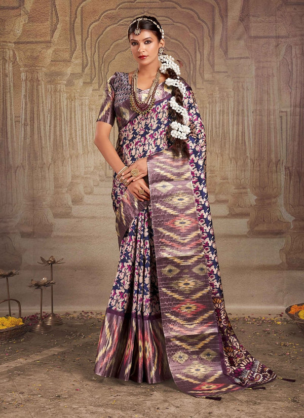 Navy Blue Heavy Tusser Gotha Silk Saree with Matching Blouse