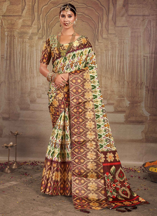 Cream Heavy Tusser Gotha Silk Saree with Matching Blouse