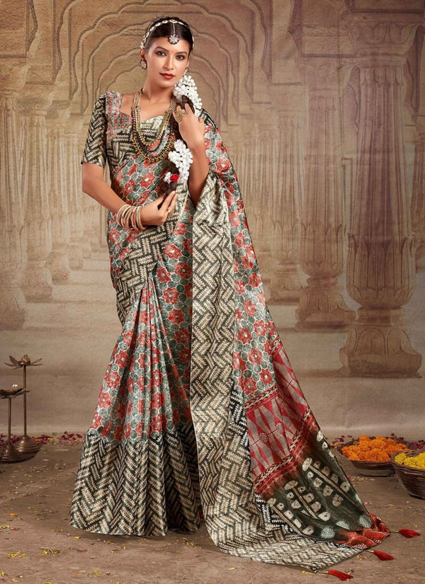 Grey Heavy Tusser Gotha Silk Saree with Matching Blouse