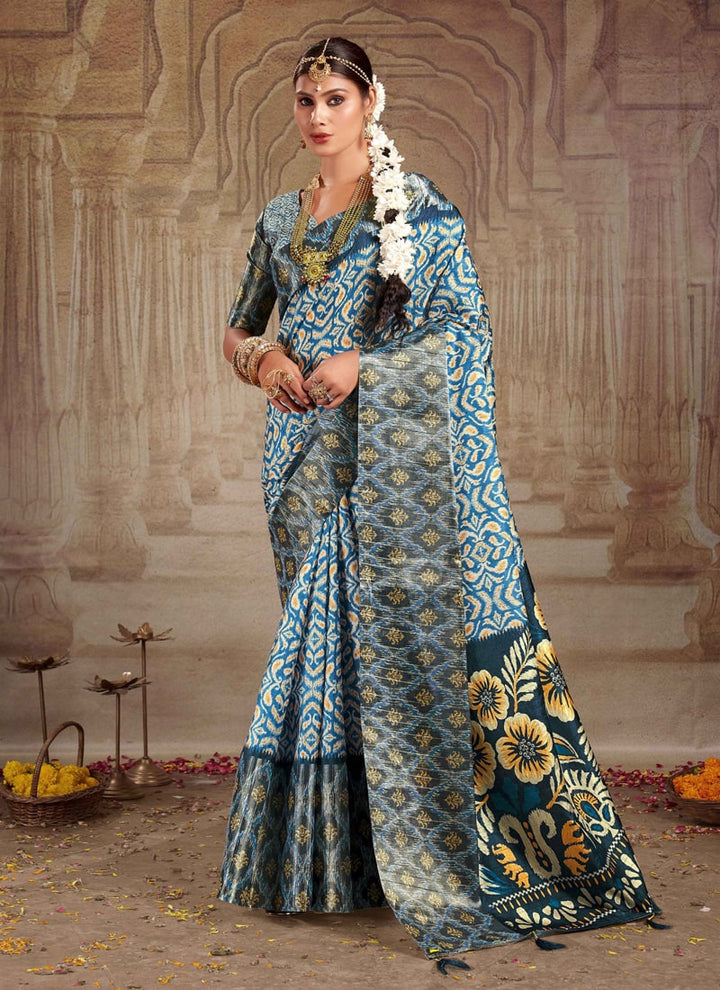 Sea Blue Heavy Tusser Gotha Silk Saree with Matching Blouse