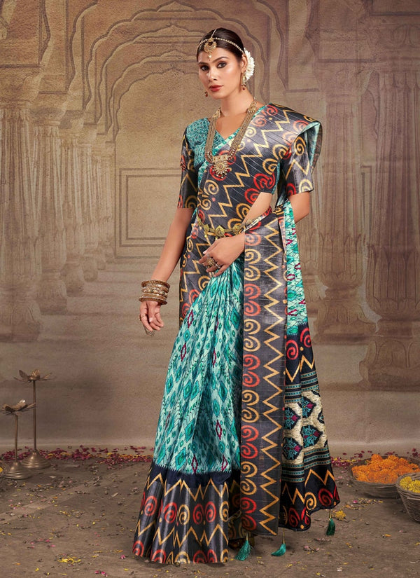 Turquoise Blue Heavy Tusser Gotha Silk Saree with Matching Blouse