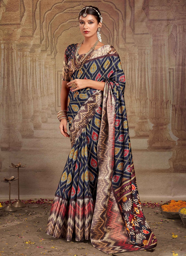 Elegant Midnight Blue Heavy Tusser Gotha Silk Saree with Coordinating Blouse