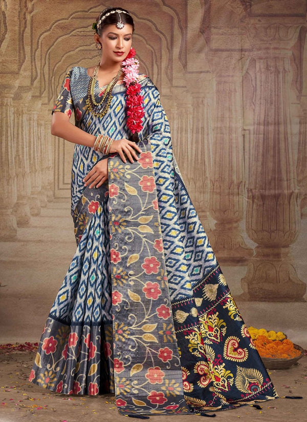 Dark Blue Heavy Tusser Gotha Silk Saree with Matching Blouse