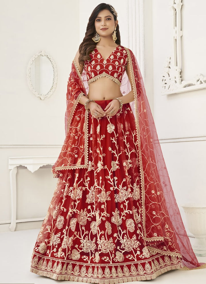 Red Designer Lehenga Set with Thread Embroidery and Sequin Work