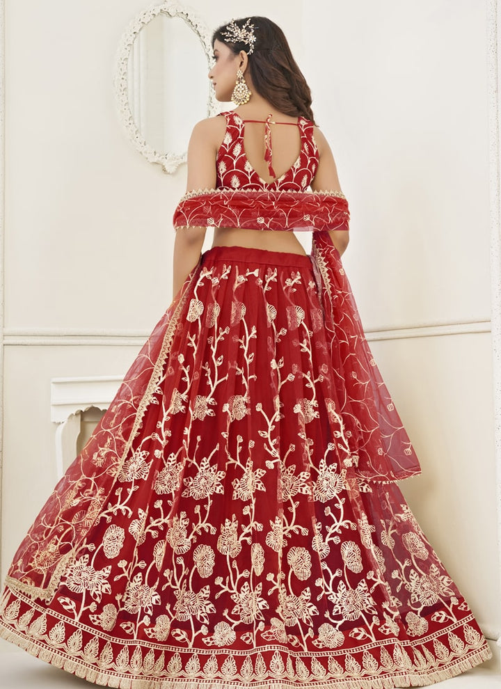 Red Designer Lehenga Set with Thread Embroidery and Sequin Work