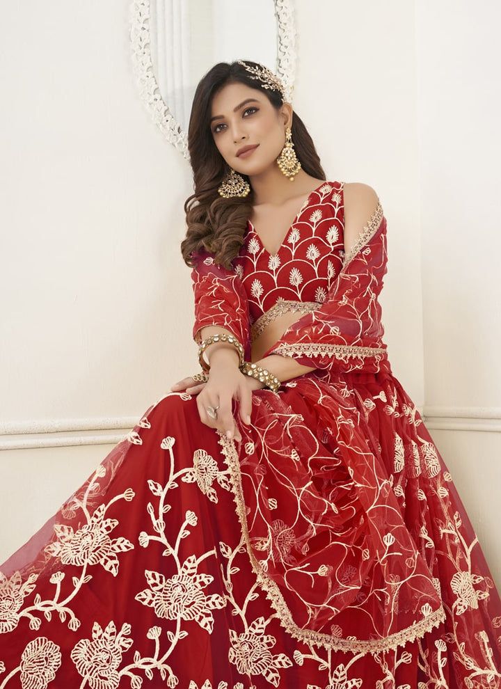 Red Designer Lehenga Set with Thread Embroidery and Sequin Work