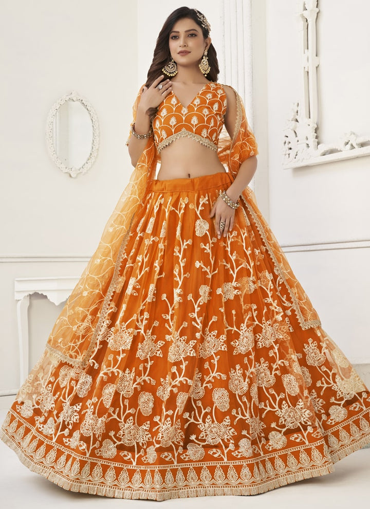 Orange Designer Lehenga Set with Thread Embroidery and Sequin Work