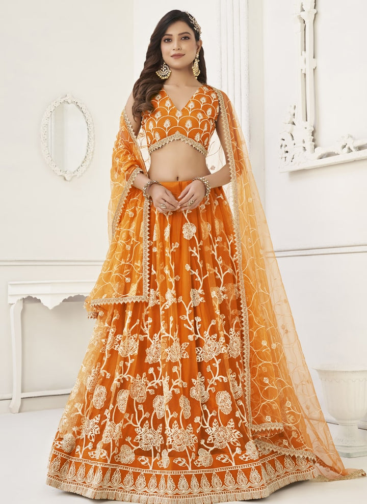 Orange Designer Lehenga Set with Thread Embroidery and Sequin Work