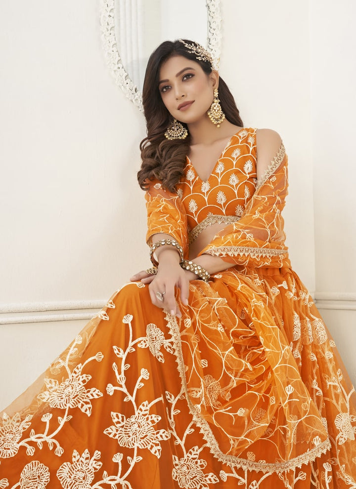 Orange Designer Lehenga Set with Thread Embroidery and Sequin Work