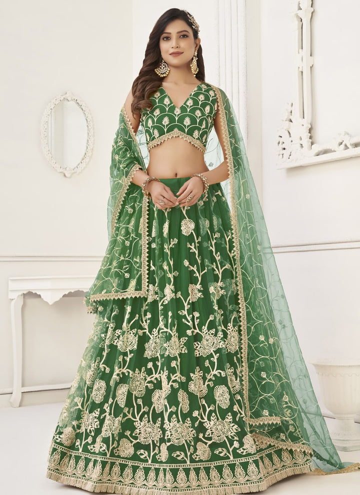 Green Designer Lehenga Set with Thread Embroidery and Sequin Work