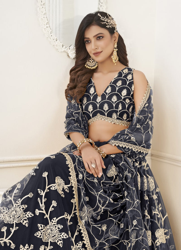 Black Designer Lehenga Set with Thread Embroidery and Sequin Work