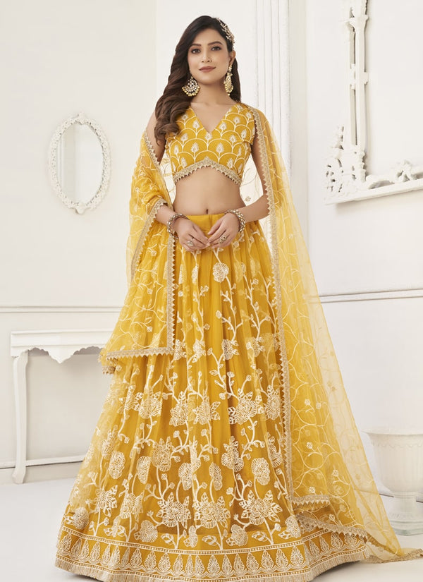 Yellow Designer Lehenga Set with Thread Embroidery and Sequin Work