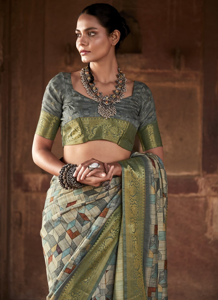 Sage Green Pure Handloom Silk Saree with Matching Blouse