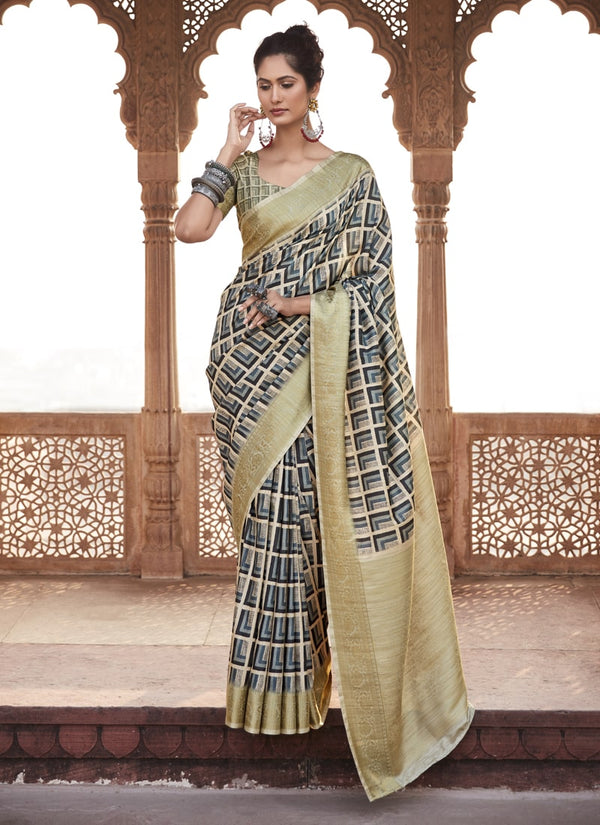 Sage Beige Pure Handloom Silk Saree with Matching Blouse