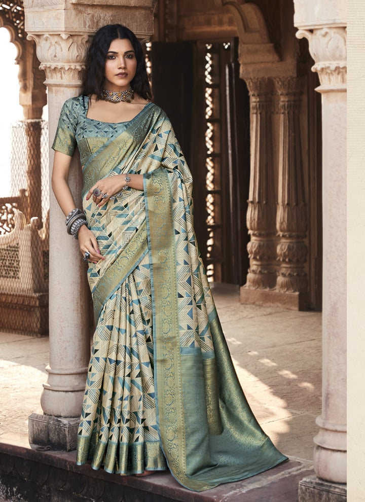 Misty Blue Pure Handloom Silk Saree with Matching Blouse