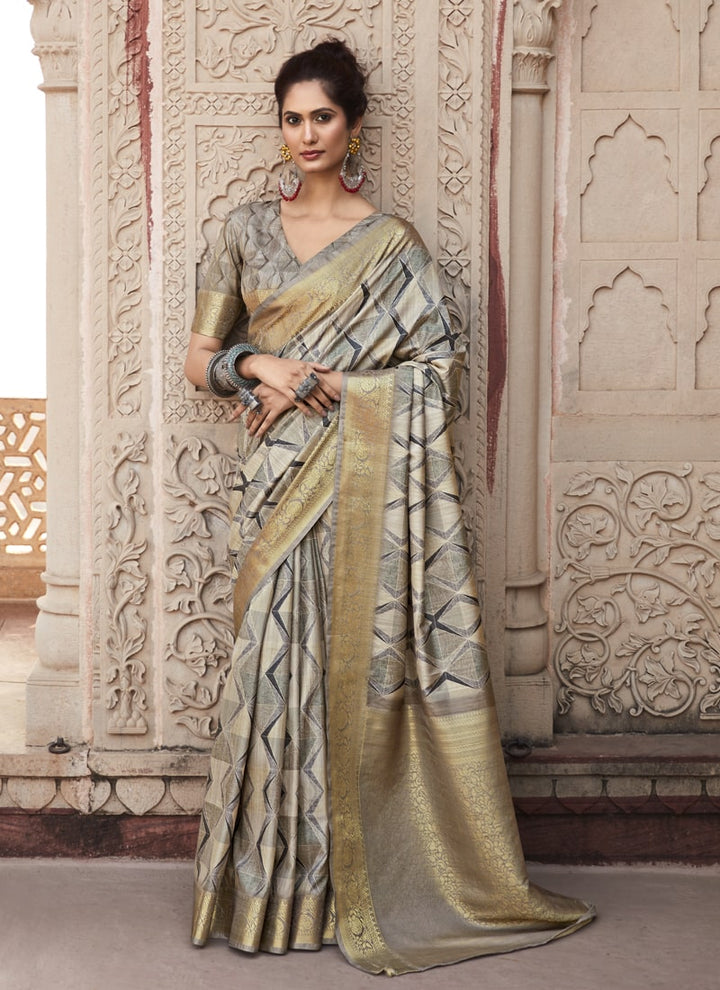 Sandstone Grey Pure Handloom Silk Saree with Matching Blouse