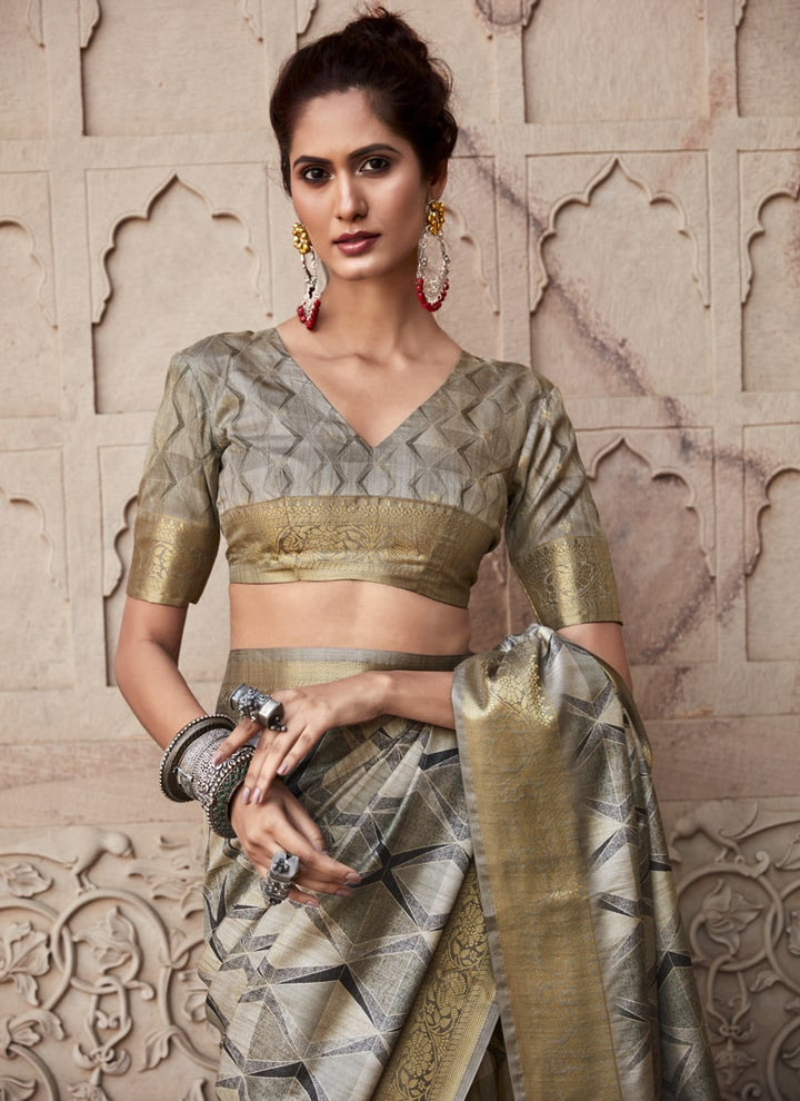 Sandstone Grey Pure Handloom Silk Saree with Matching Blouse