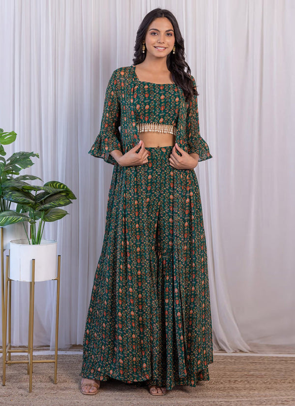 Dark Green Georgette Indo-Western Sharara Set with Printed Jacket