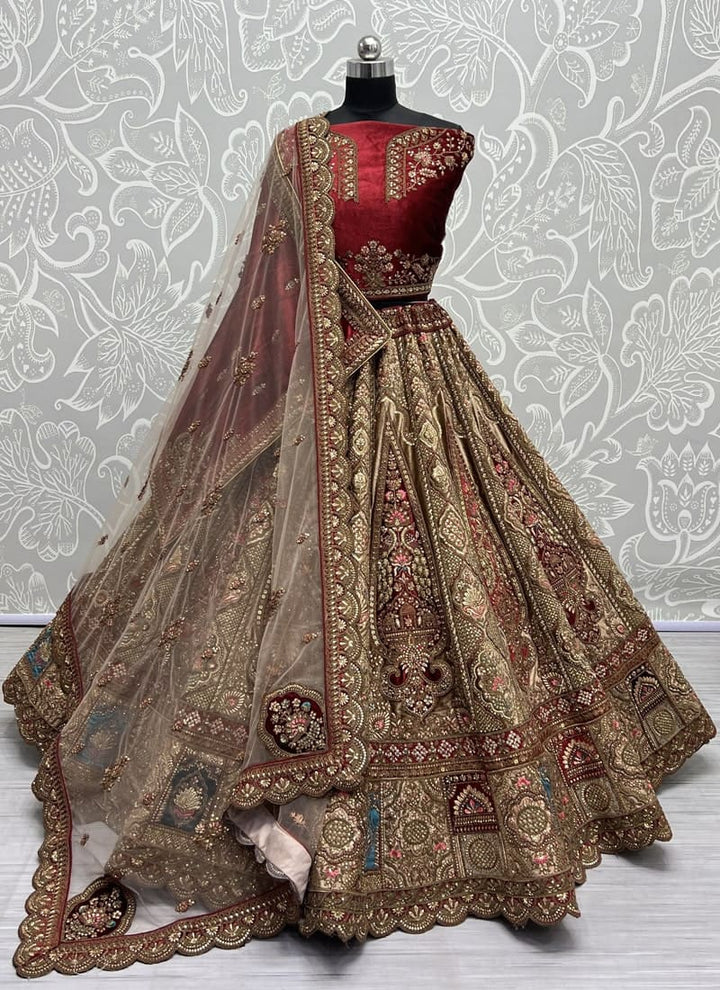 Crimson Red Exquisite Velvet Wedding Lehenga Set