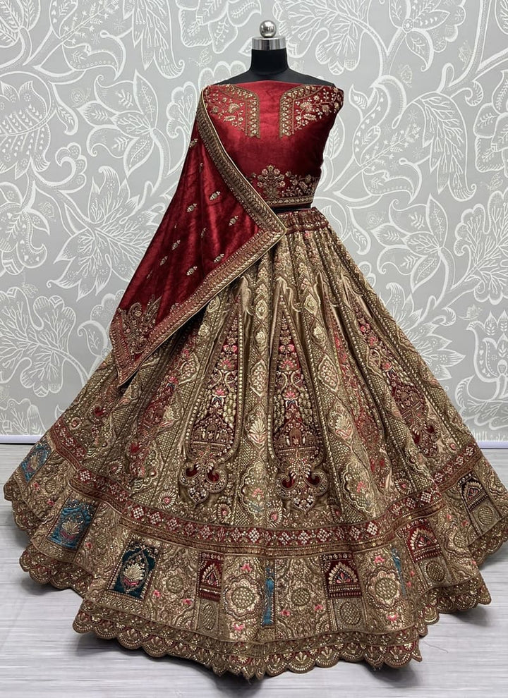 Crimson Red Exquisite Velvet Wedding Lehenga Set