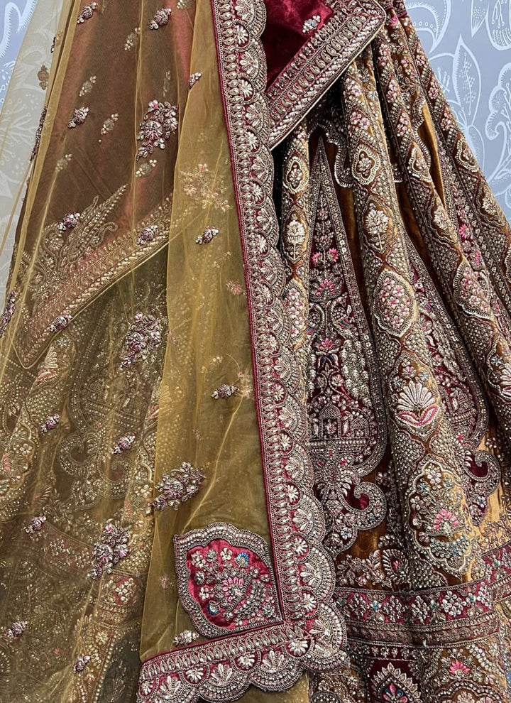 Golden Brown Exquisite Velvet Wedding Lehenga Set