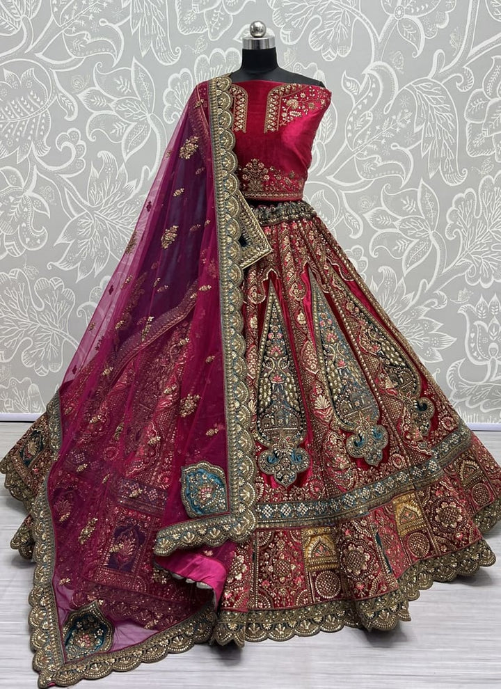 Fuchsia Pink Exquisite Velvet Wedding Lehenga Set