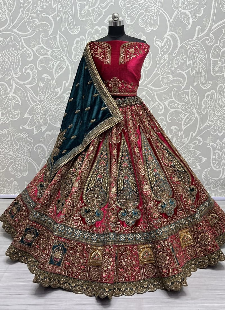 Fuchsia Pink Exquisite Velvet Wedding Lehenga Set