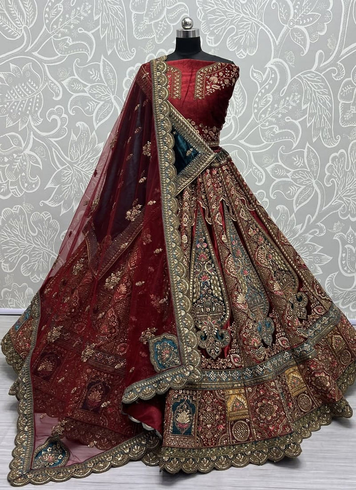 Wine Red Exquisite Velvet Wedding Lehenga Set