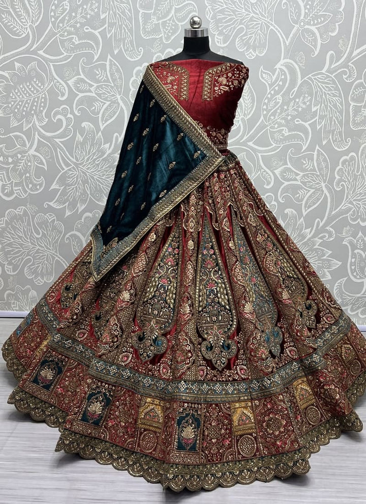 Wine Red Exquisite Velvet Wedding Lehenga Set