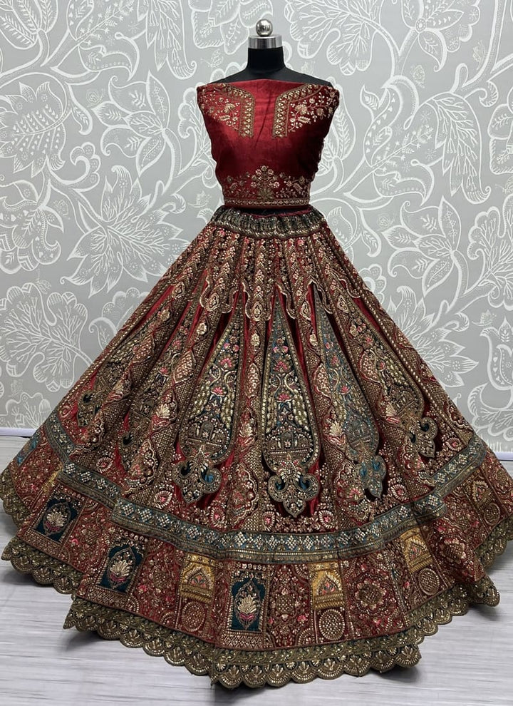 Wine Red Exquisite Velvet Wedding Lehenga Set